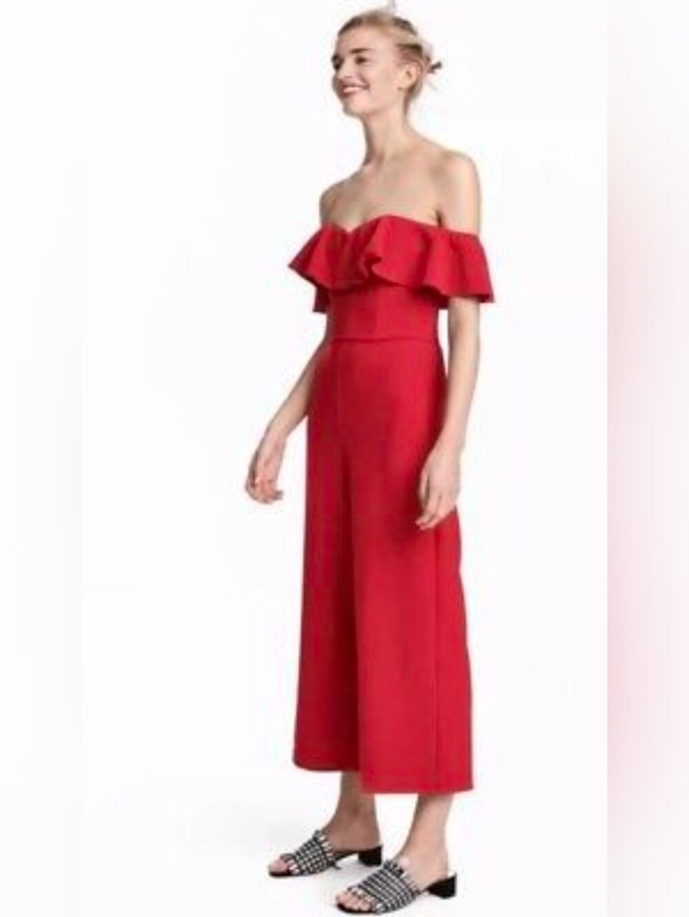 H&M Red Off-Shoulder Ruffle Jumpsuit Size 2